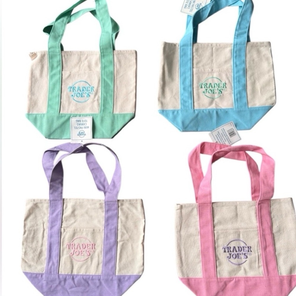 Trader Joe's Canvas Mini Tote Bag in Pastel Pink, Blue, Green, and purple